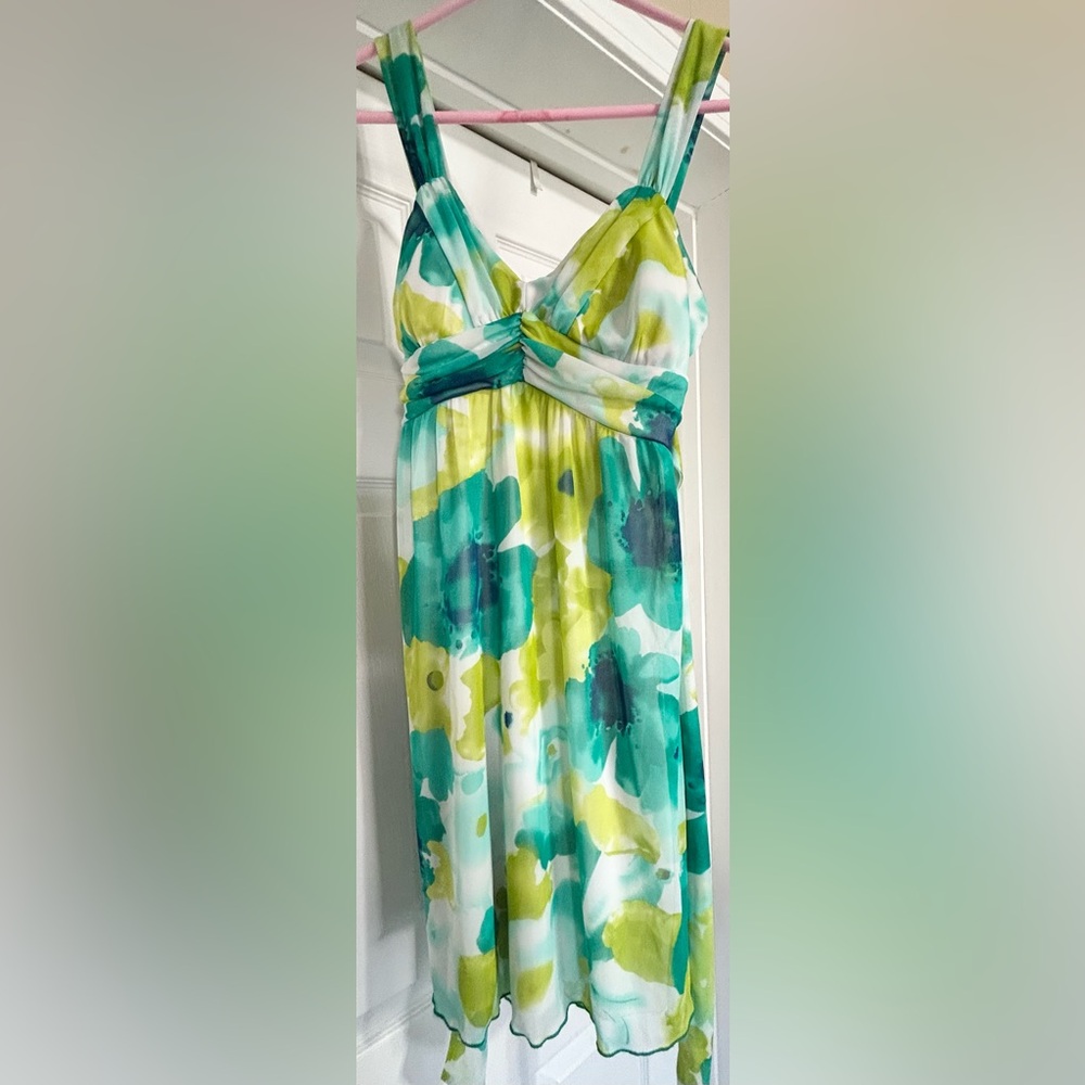 City Triangles Green Blue Floral Dress Built-In Bra Tie Back Size S